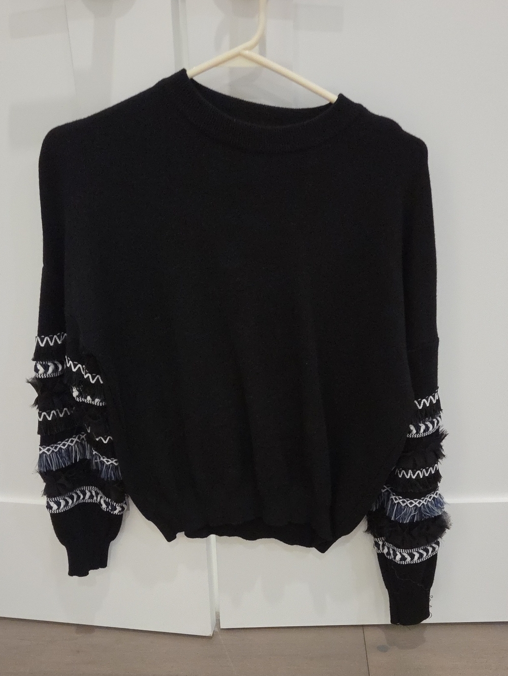 Women's Black Crewneck Sweater with Textured Sleeve Detail
